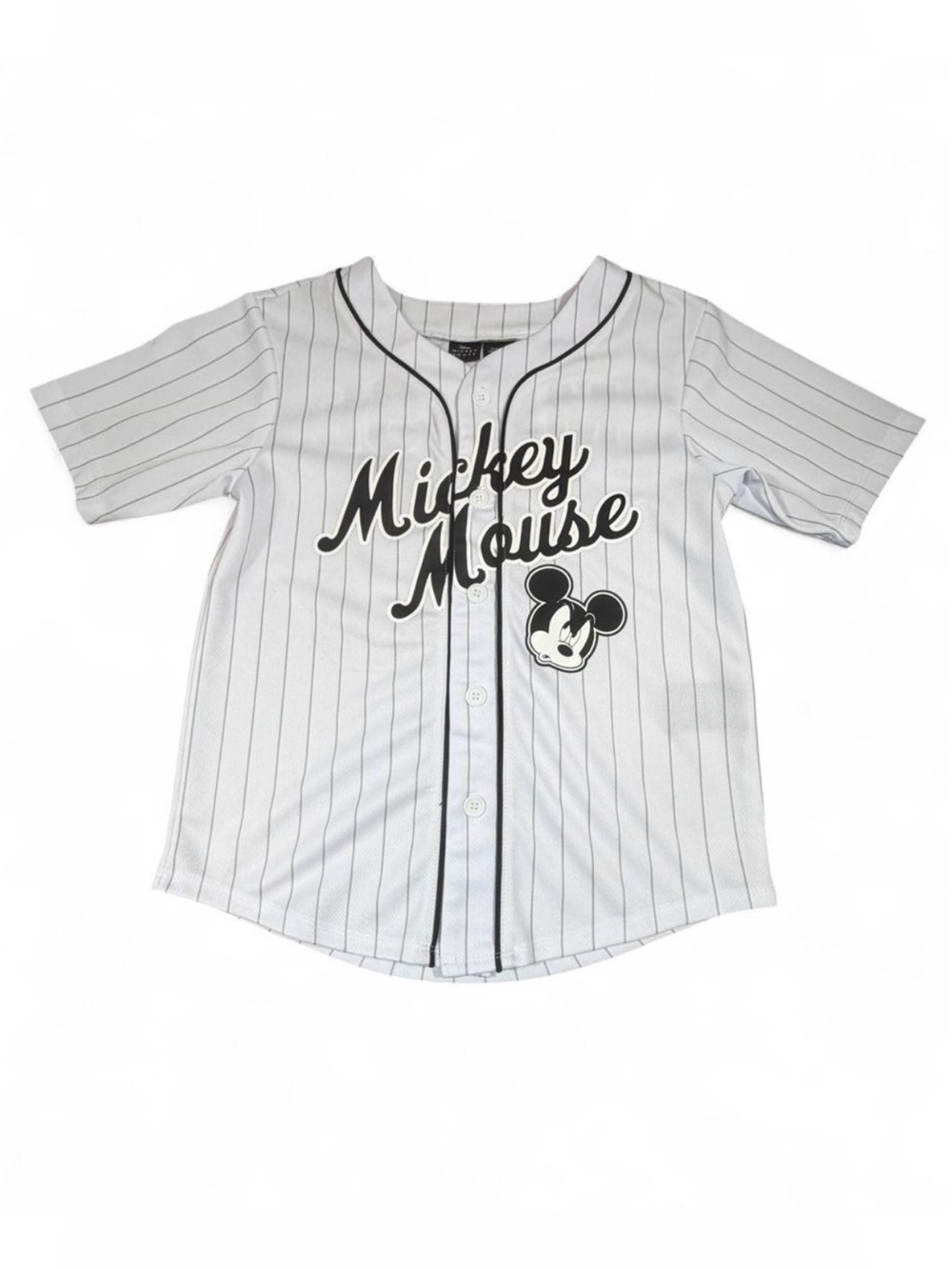 Disney Mickey Mouse White Pinstripe Baseball Jersey Kids XS Mouse 28 Button